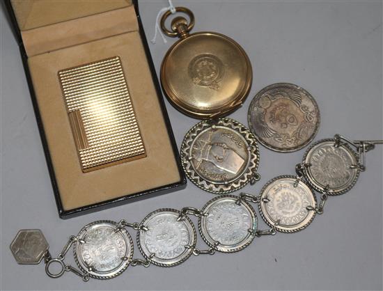 Mixed items including cased Dupont lighter, gold plated pocket watch and coin bracelet.